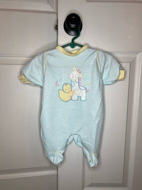 Vintage Little Me One Piece Footed Outfit Pajama Blue Yellow Snap Back Baby 0-3